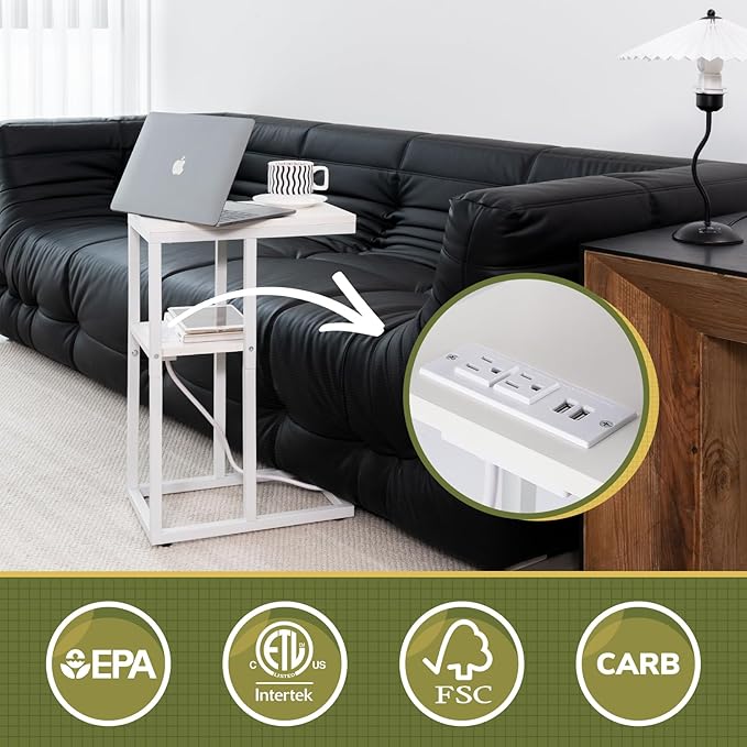 Yoobure LED C Shaped End Table with Charging Station, Small Side Tables for Living Room Bedroom, TV Tray Table with USB Ports and Outlets for Small Spaces, C Table for Couch Sofa, Bed Side Table