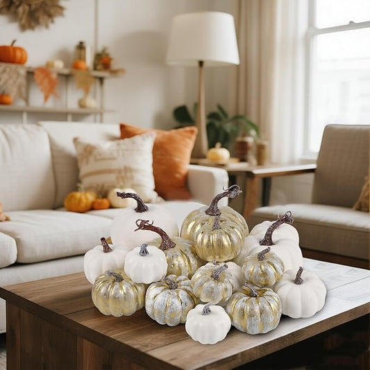 winemana 16 Pcs Golden and White Pumpkins Thanksgiving Pumpkin Decorations Assorted Sizes, Artificial Foam Harvest Autumn Decor, Fake Pumpkins Fall Decorations for Indoor Home Kitchen Table Mantle