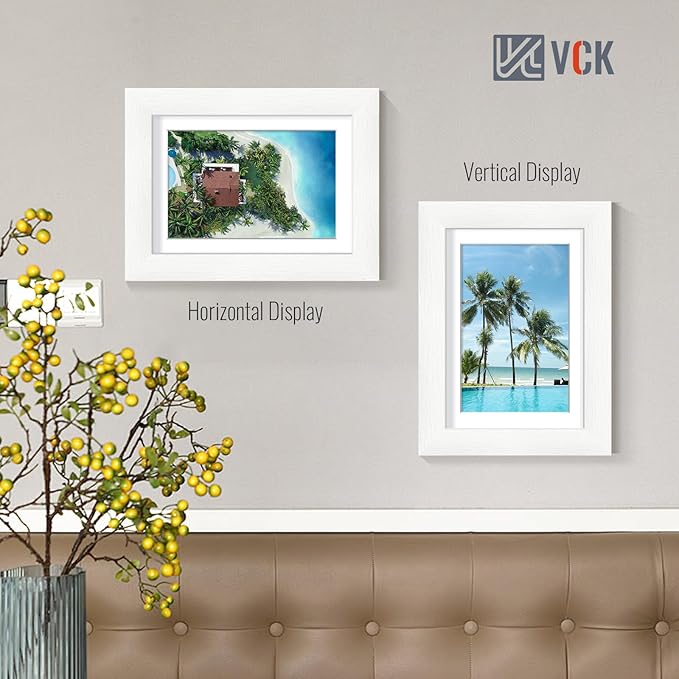 VCK 5x7 White Picture Frame, Wooden Frames Set of 2 with HD Glass, For 4x6 Photos with Mat or 5x7 without Mat, Table Display and Wall Hanging