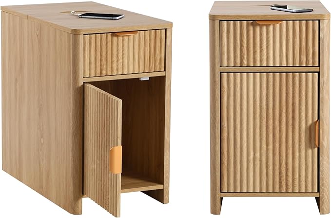 Fluted Narrow End Table with Charging Station, Boho Side Table with Drawer Storage, Small Night Stand with Power Outlets and USB Ports, Sofa Side Table for Living Room - Natural