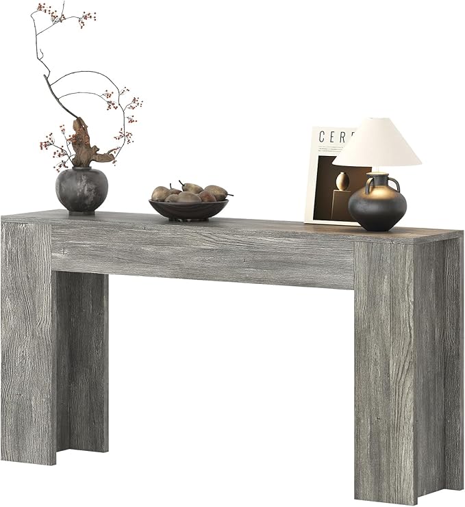 63-Inch Long Console Table with LED Light, Farmhouse Sofa Table Behind Couch, Wooden Console Table for Entryway Hallway Entrance Living Room, Gray