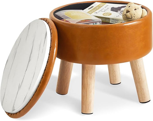 IBUYKE 13 Inch Foot Stool Ottoman with Storage, Round Small Foot Rest with Padded Seat and Wood Legs, PU Faux Leather Mini Footstool for Living Room Couch Bedroom Entryway, Yellowish-Brown WBD023J