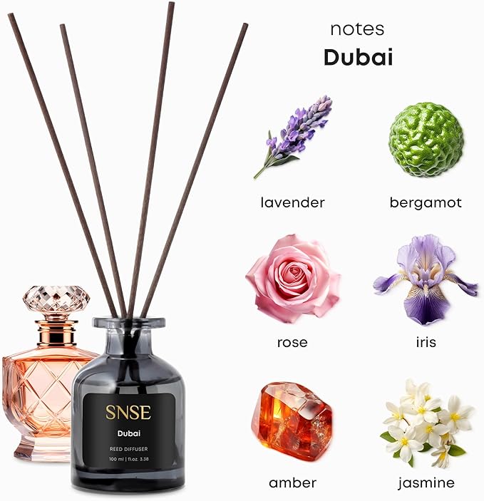 SNSE Dubai Reed Diffuser Set - Premium Reed Diffusers for Home with Diffuser Reeds, Luxurious Gift Aroma, Sophisticated Scent, Ideal for Relaxation, Elegant Home Fragrance