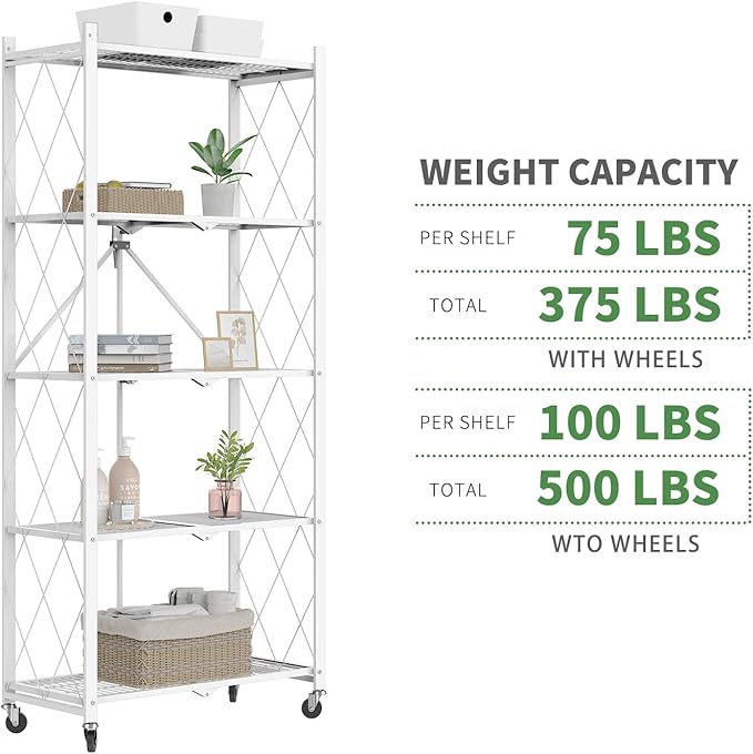 64" H 5 Tier Foldable Storage Shelf with Wheels, Folding Shelving Loads 500 LBS, Metal Steel Garage Shelves, Rolling Standing Utility Rack for Kitchen, Pantry, Office, White