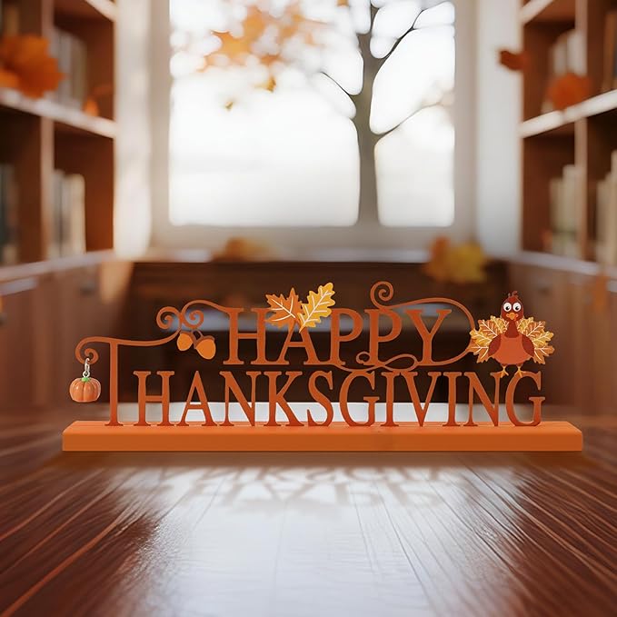 Metal Holiday Table Sign Decor, Decorations Tabletop Centerpiece for Home, Office, Shelf, Tiered Tray, Mantel, Indoor, Merry Christmas, Happy Thanksgiving