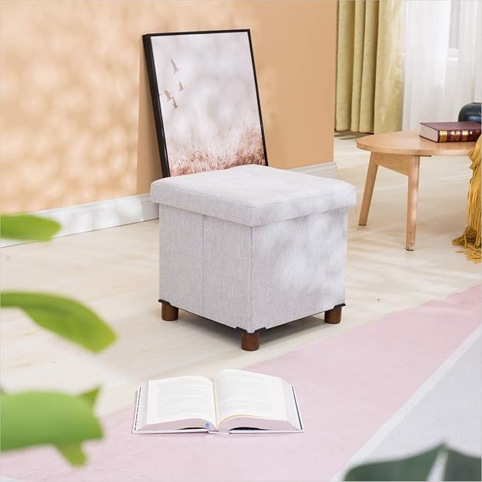 15 Inch Storage Ottoman with Wooden Legs - Cube Foot Rest Stool, Square Footstool, Comfortable Seat with Lid, Foldable Fabric Ottoman, Space-Saving White