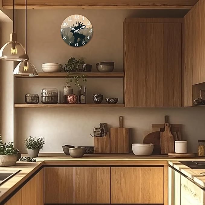 XFM Rustic Elk Deer Wall Clock 10 Inch Silent Wall Clocks Battery Operated Vintage Farmhouse Wooden Clocks Decorative for Living Room Bedroom Kitchen Cabin Decor