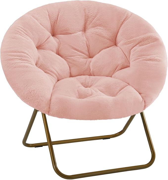 DUMOS Saucer Chair for Adults, Teens, Faux Fur XL Circle Chair for Bedroom, Dorm & Gaming, Foldable Comfy Accent Seat for Small Spaces, Oversized Style Thick Padded Meatal Frame, Peach