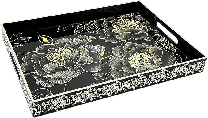 Serving Tray with Handles, 15.7 * 11.8 inches, Plastic Ottoman Tray with Exquisite Paintings, Trays for Coffee Table