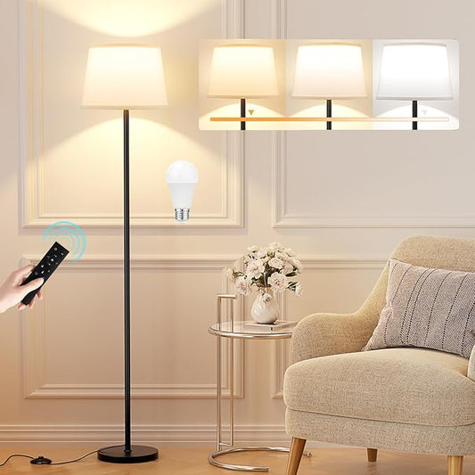Modern Floor Lamp with Adjustable Brightness, Remote Control, Black, LED Bulbs, White Shade, Foot Switch, Easy Assembly