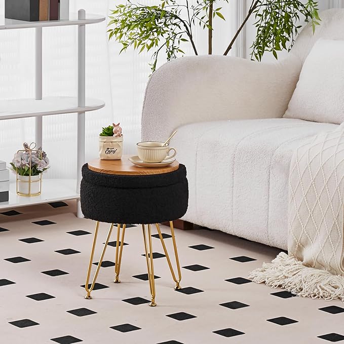 Wimarsbon Storage Ottoman,Teddy Velvet Vanity Stool,Soft Padded Seat,Round Footrest with Removable Cover and Adjustable Legs,Modern Decorative Accent Footstool or End Table for Hallway (Black)