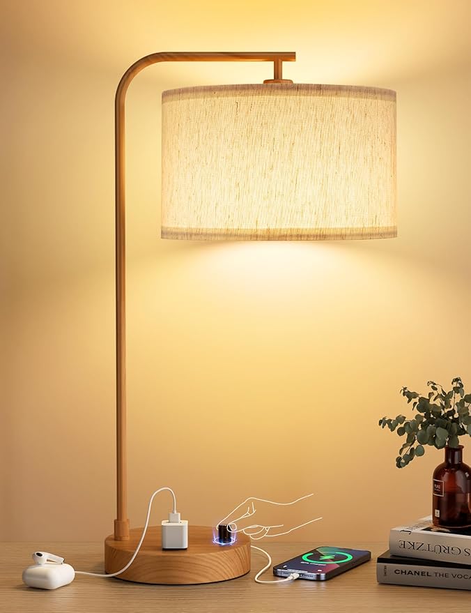 Wood Tall Table Lamp with USB Port and Outlet, Dimmable Nightstand Bedside Lamps with Linen Lampshade, Desk Lamp for Bedroom, Living Room, Guest Room, Home Office, LED Bulb Included
