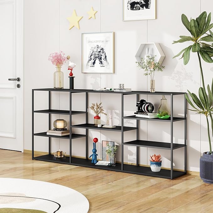 71 Inch Metal Console Table with 8 Storage Shelves,Extra Long Entryway Table,Narrow Sofa Table,Hallway Table for Entrances to Corridor, Foyer,Living Room (Black, 70.87×11.81×31.5)