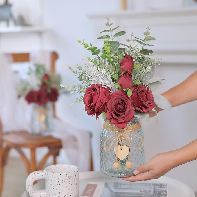 Faux Flowers with Vase,Artificial Silk Roses in Vase, Fake Plant Eucalyptus Flower Arrangement for Home Office Farmhouse Bathroom Dining Table Centerpiece Decorations Coffee Table Decor (Burgundy)