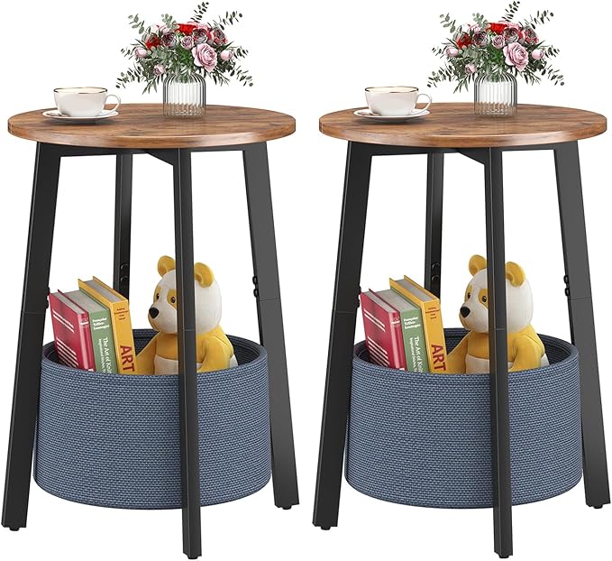 Small Round Side End Table Set of 2 with Cloth Storage Basket, Round Bedside Sofa Couch Coffee Tables for Small Places with Metal Frame, Modern Nighstands for Living Room Bedroom,Rustic Brown