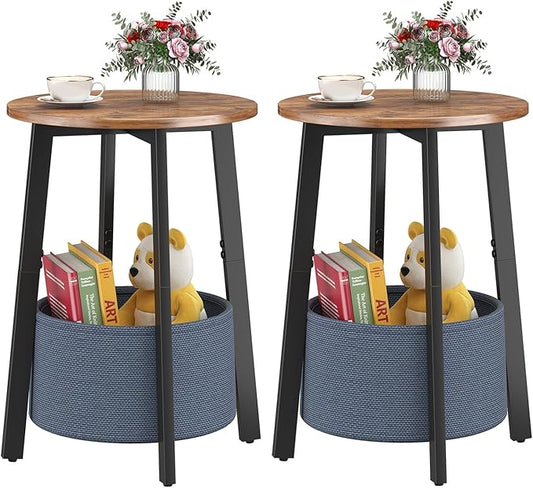 Small Round Side End Table Set of 2 with Cloth Storage Basket, Round Bedside Sofa Couch Coffee Tables for Small Places with Metal Frame, Modern Nighstands for Living Room Bedroom,Rustic Brown