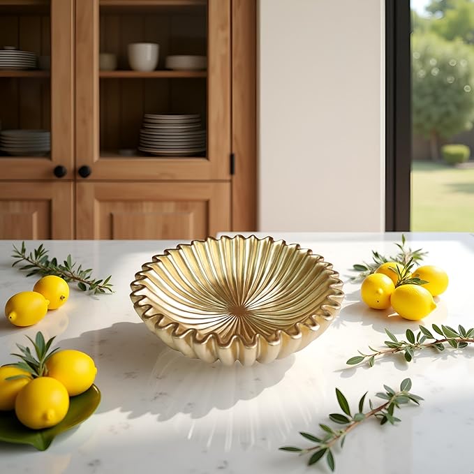 10" Large Decorative Bowl decor, Scalloped Bowls for Modern Home Decor,Ruffle Decor,Stylish Key Bowl for Entry Table,Decorative Fruit Bowl for Kitchen Counter,Golden