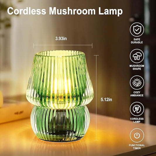 Battery Operated Lamp with Timer, Small Cute Cordless Glass Table Lamp for Home Decor, Kitchen, Bathroom, Birthday Gift for Women, Mushroom, Green