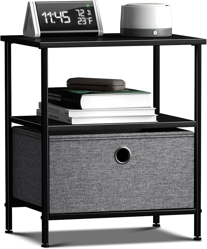 Sorbus Nightstand 1-Drawer Shelf Storage - Bedside Furniture & End Table Chest Dresser with Steel Frame, Wood Top & Easy Pull Fabric Bins for Home, Bedroom, Closets, Bathroom, Office & College Dorm