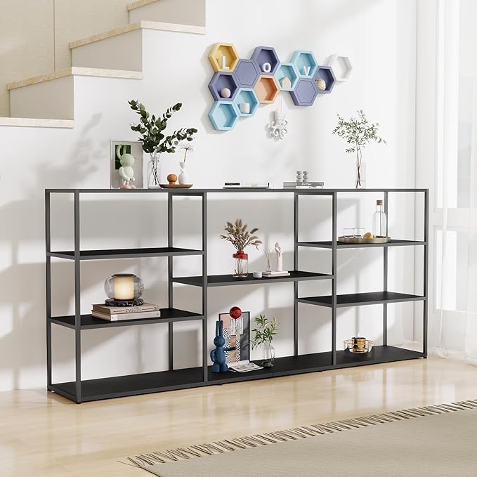 71 Inch Metal Console Table with 8 Storage Shelves,Extra Long Entryway Table,Narrow Sofa Table,Hallway Table for Entrances to Corridor, Foyer,Living Room (Black, 70.87×11.81×31.5)