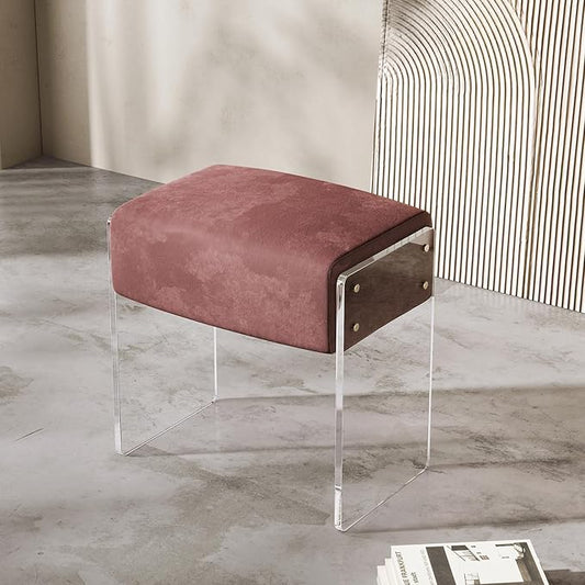 Vanity Stool Chair and Pouf Ottoman-Modern Multifunctional Vanity Stool and Foot Rest with Alcantara and Acrylic Leg for Makeup Room, Living Room, Bedroom