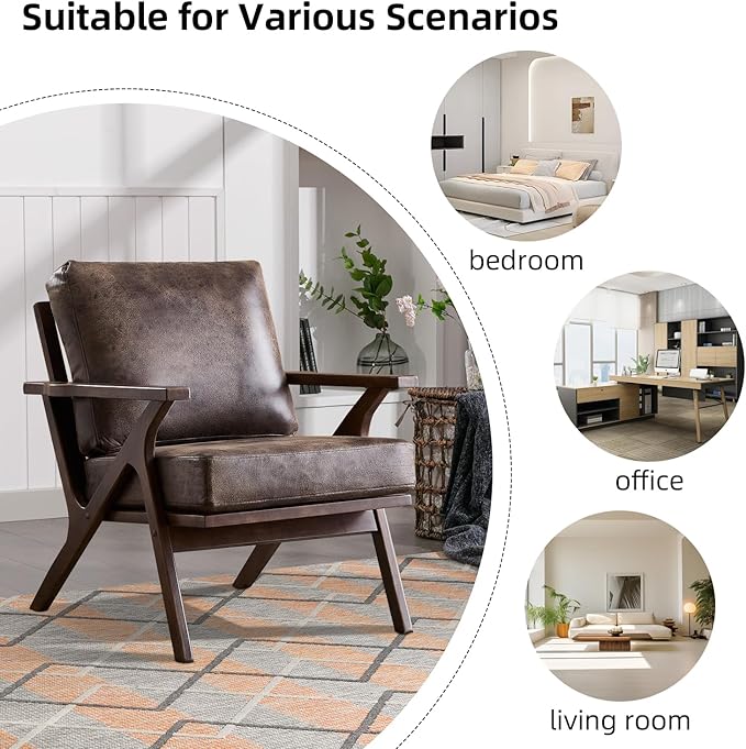 INZOY Mid-Century Modern Accent Chair Set of 2, Breathable PU Leather Living Room Chair and Soft Thick Padded Armchair for Living Room Bedroom Reception with Removable Upholstered Cushions, Dark Grey