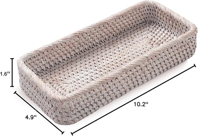 Rattan Bathroom Vanity Trays Toilet Tank Baskets Long Narrow Hand Towel Storage Basket for Storage, Decorative (Whitewash 10.2 x 4.9 x 1.6 inch)