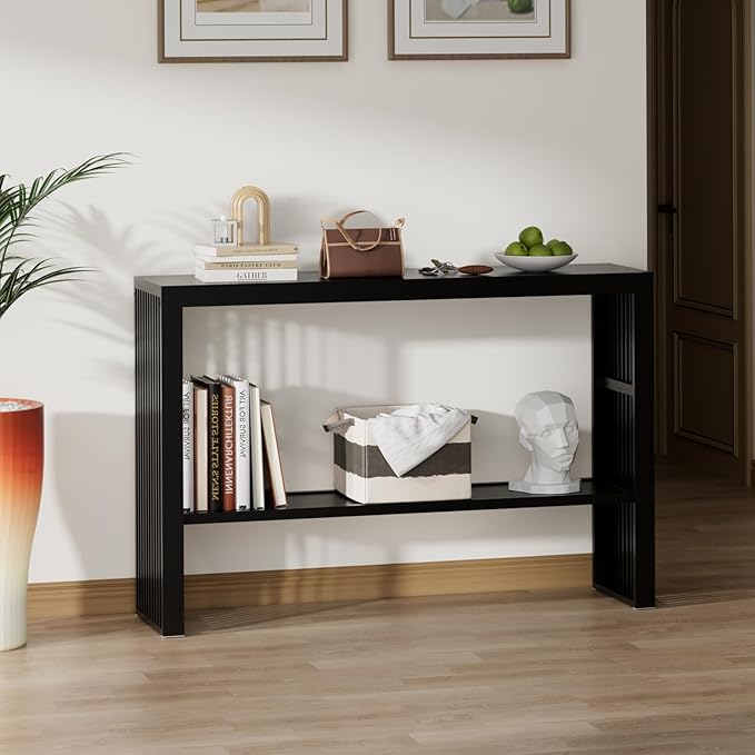 Bamboo 47.2" Narrow Console Table, 2-Tier Farmhouse Side Table, Rectangular Entryway Table, Modern Sofa Table Behind Couch with Storage Shelves for Entrance, Living Room, Hallway, Foyer (Black)