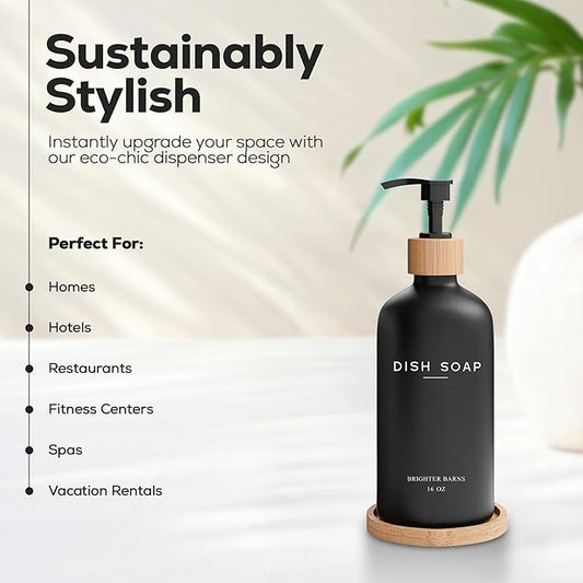 Black Glass Dish Soap Dispenser for Kitchen Sink by Brighter Barns - Modern Kitchen Soap Dispenser Set with Tray - Bamboo Bottle with Pump - Boho Home Decor, Modern Home Decor for Airbnb, Gift (Black)