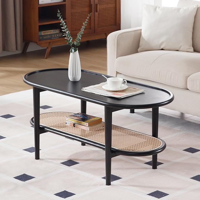 Modern Rattan Coffee Table, 39.5 Oval Black Wood Coffee Table with Storage Shelf for Living Room, 2-Tier Center Table Entryway Table Side Table Nightstand for Bedroom Office Small Space Cafe
