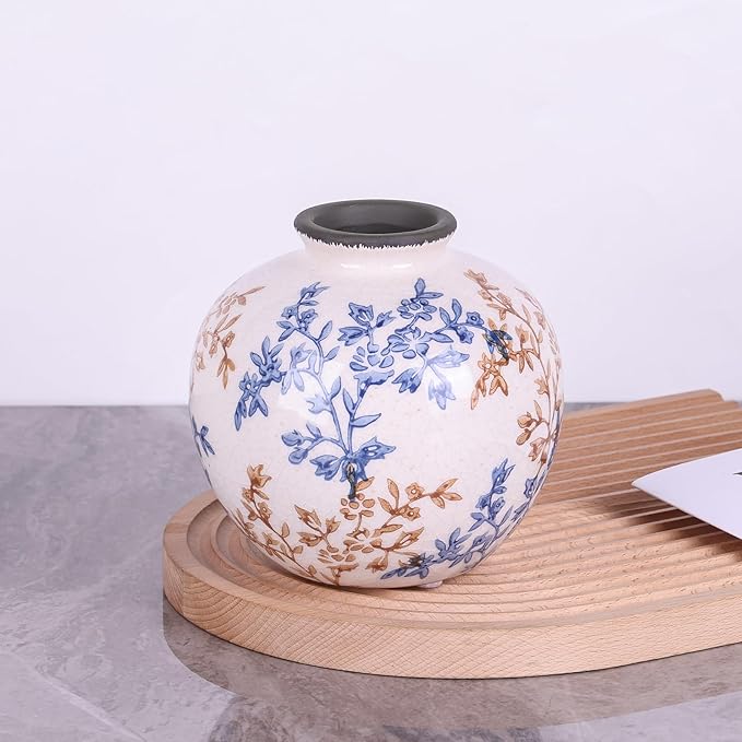 Vintage Blue and White Brown Round Vase, Chinoiserie Porcelain Blue Floral Vase, Mid Century Modern Pottery Flower Vases for Bouquet and Home Rustic Farmhouse Dining Table Decor