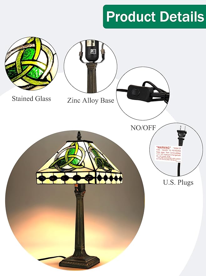 KY&BOSAM Irish Tiffany Table Lamps Round Celtic 17500 Lumens Tiffany Style Lamp Light Stained Glass Desk Lamp Shade E26 Bulb Holder Metal Base Memory Bedroom Living Room Office St Patrick's Day Decor