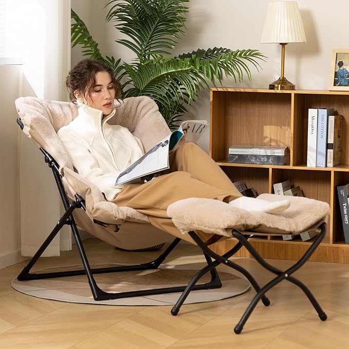 HollyHOME X-Large Saucer Chair with Foldable Ottoman, Comfy Oversized Folding Chair and Folding Footrest Stool Set, Faux-Fur Reading Chair and Footstool for Living Room, Light Khaki Chair&Stool