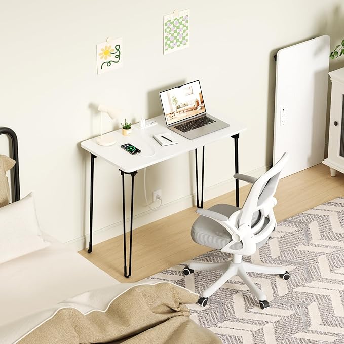 Folding Desk, 31.5" Hairpin Legs Small Desk with Power Strip for Bedroom, Space Saving Foldable Computer Desk for Home Office, No Assembly Need,White