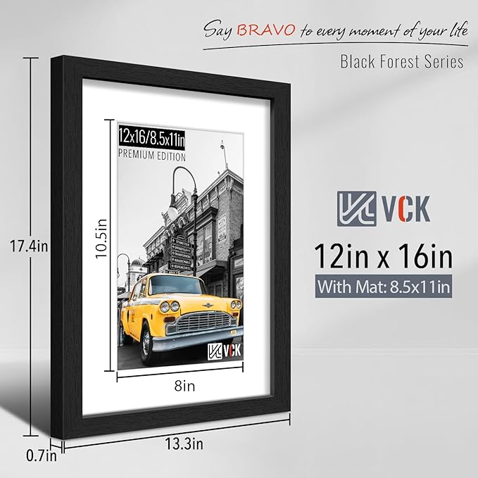 VCK 12x16 Picture Frame 5 Pack - Black, High-End Wood Poster Frames with Tempered Glass, Display 8.5x11 Photo with Mat or 12x16 without Mat, Art Gallery-Quality, Wall Hanging, Black