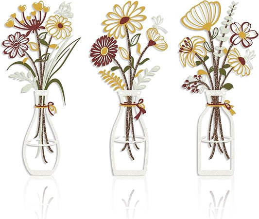 Iron Metal Vase Flower Wall Art Set of 3 - Minimalist Black Floral Decor for Living Room Bedroom Kitchen, Office Garden - Modern Farmhouse Home Decor & Housewarming Gifts (Yellow-Brown)