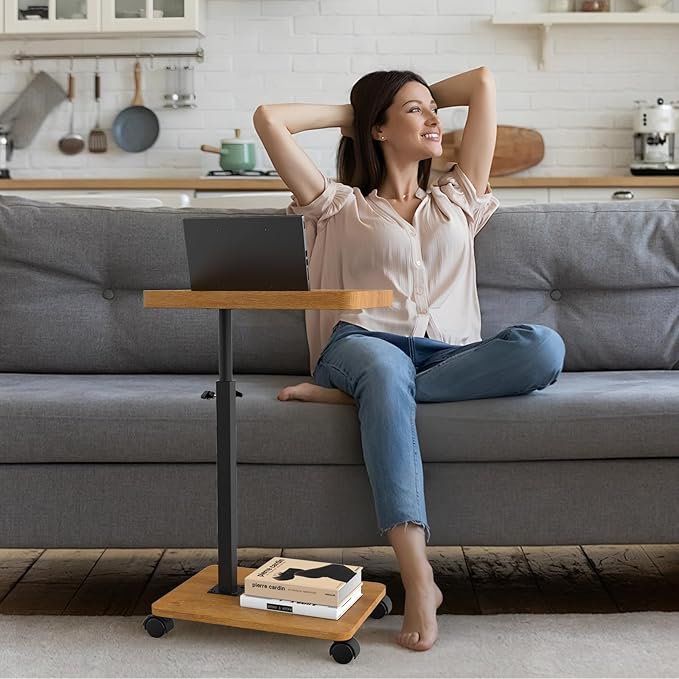 C Shaped End Table Adjustable Height, Couch Tables That Slide Under with Wheels, 360° Swivel C Side Table for Couch, Sofa, Living Room, Bedroom, Small Spaces (Wooden Veneer)