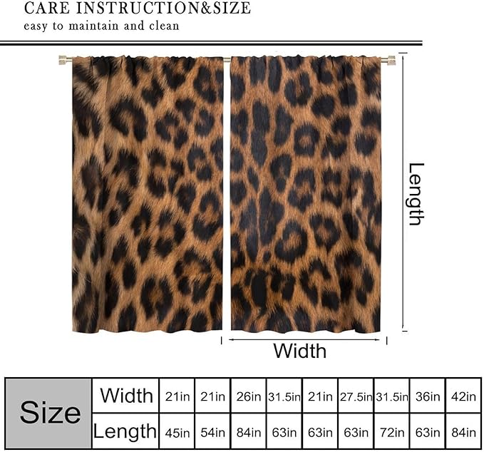 Leopard Print Blackout Curtain, Black Brown Fur Leopard Print Wild Animal Skin Drapes, Window Treatments Rod Pocket 2 Panels Curtains for Bedroom Nursery Office Living Room Decor 63"W X 63"L
