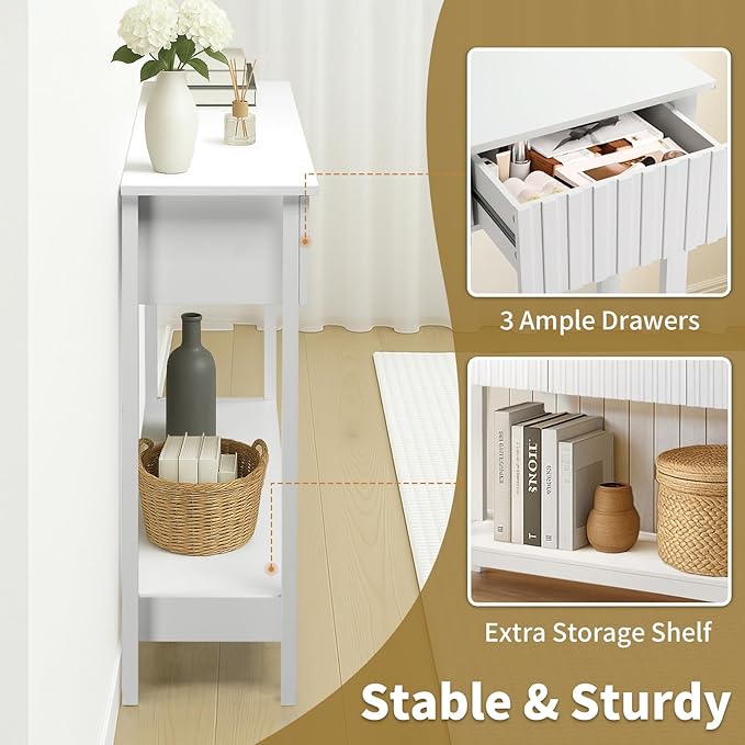 Karl home 51" White Console Table with 3 Fluted Drawers, Modern Sofa Table with Open Storage Shelf for Living Room, Foyer Hallway