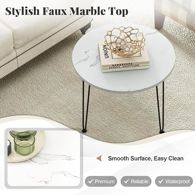 Giantex Round Coffee Table, Faux Marble Center Table with Metal Legs, Sofa Accent Side Table, Modren Coffee Tables for Living Room, Bedroom, Balcony, Small Space (White)
