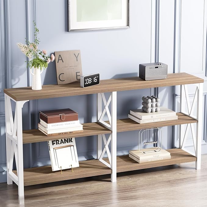 IBF Farmhouse Entryway Table, Wood TV Console Table, Long Rustic Metal Sofa Table, Industrial Hallway Table with Storage Shelves, Modern Foyer Tables for Front Entry Way, White and Rustic Oak, 55 in