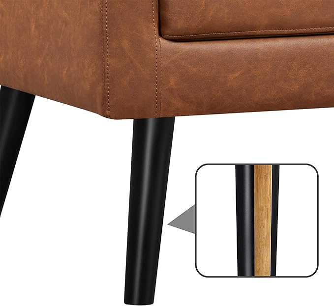 Yaheetech Mid-Century Accent Chairs, PU Leather Modern Upholstered Living Room Chair, Cozy Armchair Button Tufted Back and Wood Legs for Bedroom/Office/Cafe, Retro Brown