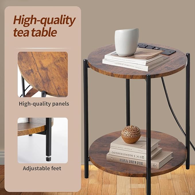 2 Tier Round Side Table, Folding End Tables Coffee Table Simplistic Sofa Table Waterproof Removable Tray Table Indoor Outdoor Accent Table for Living Room Bedroom (Brown, 1pcs)