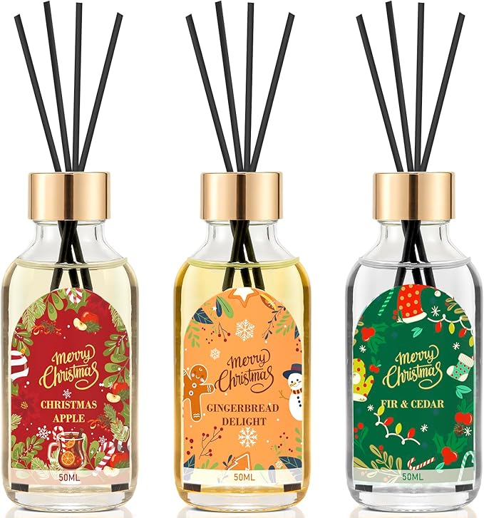 Reed Diffuser of 3 Pack, Fir & Cedar Gingerbread Delight Christmas Apple Oil Diffuser Set with 15 Sticks, Bathroom Air Freshener, Aromatherapy Reed Diffusers for Home, Office, Gift, Total 5.1 Fl. Oz