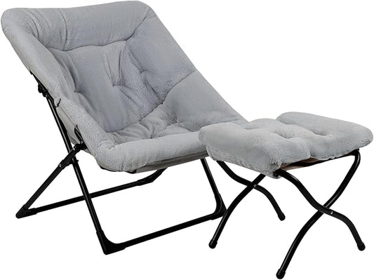 Comfy Saucer Chair for Adults, Soft Faux Fur Bedroom Chair with Ottoman, Accent Dorm Chairs, Living Room Reading Chairs and Footstool, Folding Lounge Seat for Teens, X-Large, Grey