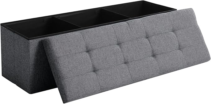 CUYOCA 45.3 Inches Storage Ottoman Bench Foldable Seat Footrest Shoe Bench End of Bed Storage with Flipping Lid, 166L Storage Space, Linen Fabric Dark Gray