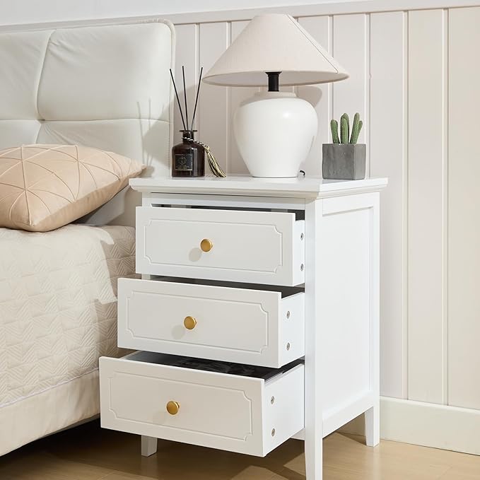 YIGOBUY 3 Drawer Nightstand White Side Table 19" Bedroom Night Stands End Table for Living Room Bedroom with Storage 1 Set Furniture
