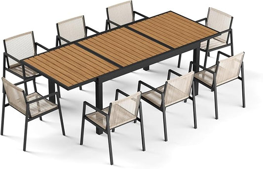 ZANDOR Expandable Outdoor Dining Set for 4-6-8,Patio Table and Chairs Set with Wood Top for Garden,Backyard,Porch,55"-82.7" Extendable Aluminum Outdoor Table Set with 8 Chairs,Grey