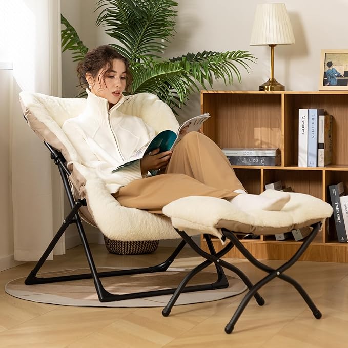 HollyHOME X-Large Saucer Chair with Foldable Ottoman, Comfy Oversized Folding Chair and Folding Footrest Stool Set, Faux-Fur Reading Chair and Footstool for Living Room, Bedroom, Beige Chair&Stool