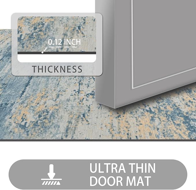 Ultra Thin Door Mat Indoor Entrance, 1/10 in Thin Door Mats for Inside Entry, Non-Slip Rubber Backing Washable Doormat, Fade Resistant, Absorbent, Low Profile Dirt Trapper, 30"X17",Distressed